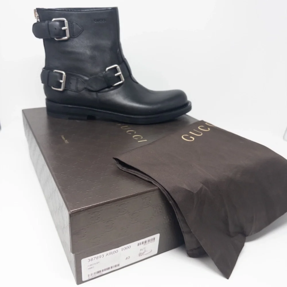 Gucci Moto Combat Boots Buckles Zipper Black Ankle Womens Size 40 EU 10 US - Picture 9 of 9